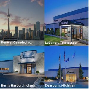 A compilation of images of Kenwal facilities: Kenwal Canada, Lebanon Tennessee, Burns Harbor Indiana, and Dearborn Michigan.