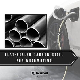 An electric car with an image of a flat-rolled carbon steel with a black border on the middle left. Under is the blog title which is, “Flat-Rolled Carbon Steel for Automotive”. On the very bottom is the Kenwal logo and the link to their website: www.kenwal.com