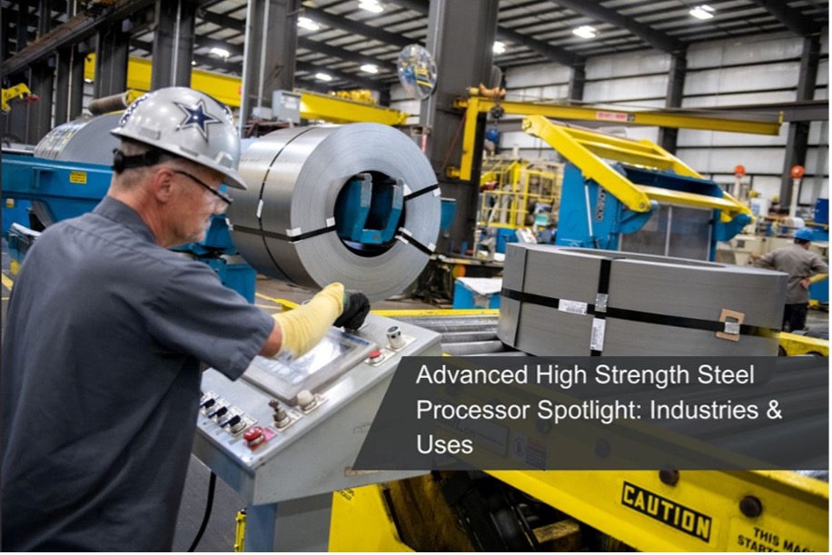 A Kenwal employee operating heavy machinery inside the Kenwal facility. A semi-transparent grey text box with the blog title: “Advanced High-Strength Steel Processor Spotlight: Industries & Uses” is on the lower right side of the image.