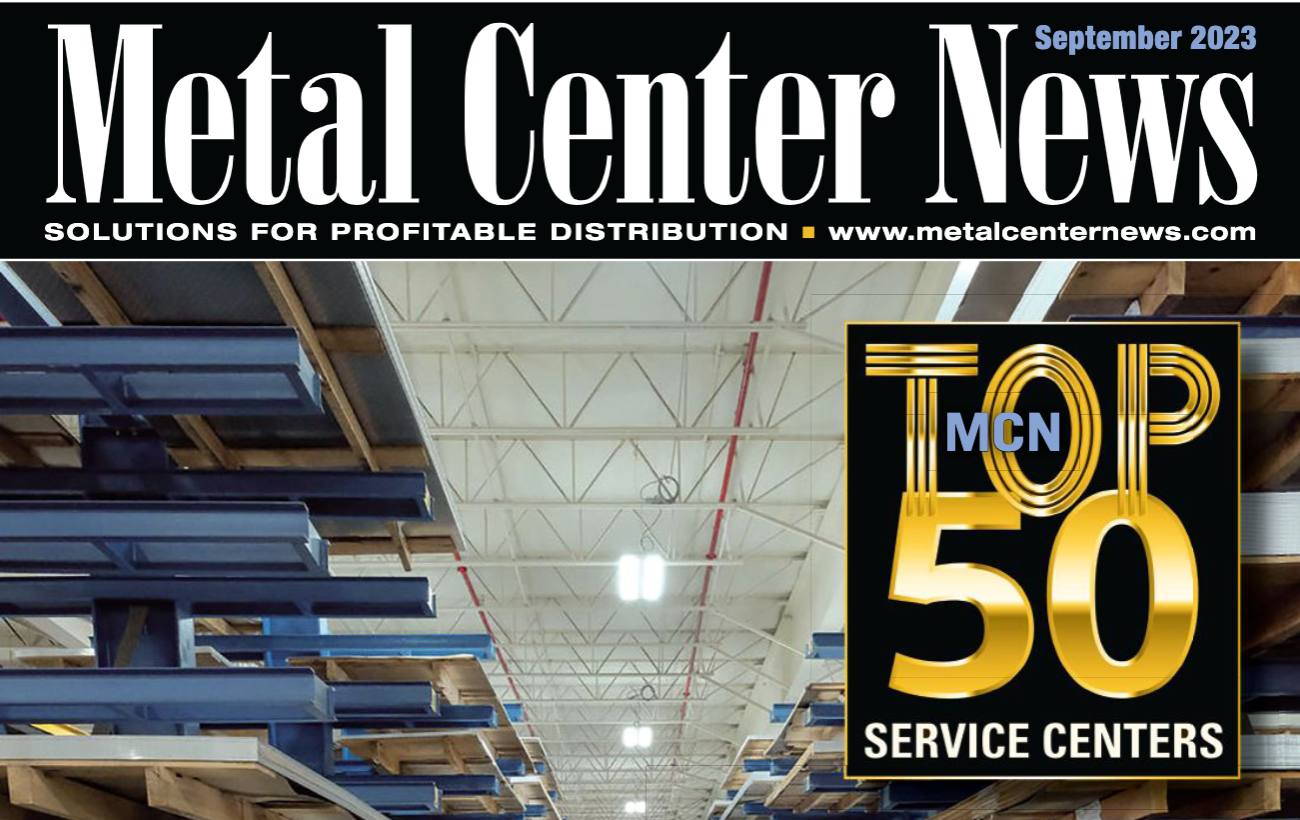 Steel racks in warehouse setting in the background with "Metal Center News" at top and "MCN Top 50 Service Centers" overlayed on bottom right.