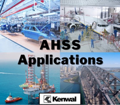 Graphic of four images each representing a different industry that utilizes AHSS (automotive, aerospace, oil, and bridge construction) with the words “AHSS Applications” in the middle and the Kenwal logo centered at the bottom.