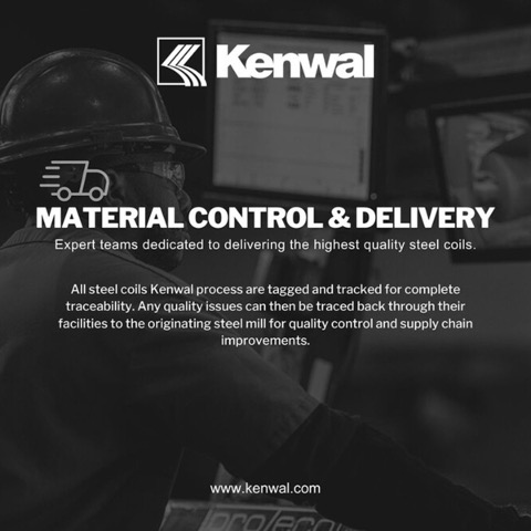 Postcard that has the bolded words “Material Control & Delivery” centered with a small description of Kenwal’s shipping capabilities. The company logo is centered at the top, the Kenwal website URL is centered at the bottom, and the background is a black and white photo of a Kenwal employee hard at work.