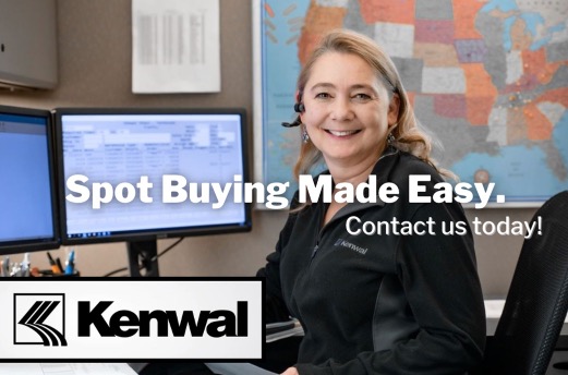 The words “Spot Buying Made Easy. Contact us today!” are in the center of a photo of a smiling Kenwal employee who is working at a desk with 2 computer monitors. The Kenwal logo is in the bottom left corner.