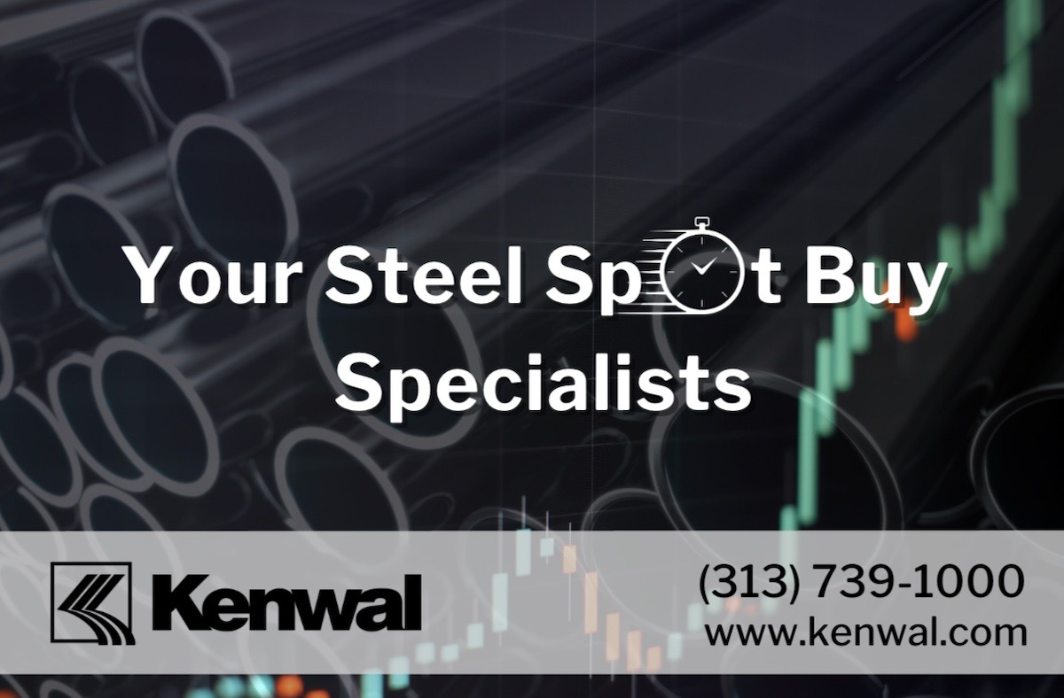 The words “Your Steel Spot Buy Specialists” are in the center of two overlapping images, one of steel tubes and the other of a spot price chart. The “o” in the word “Spot” is replaced with a clock icon. The company logo and contact information are in the bottom corners.