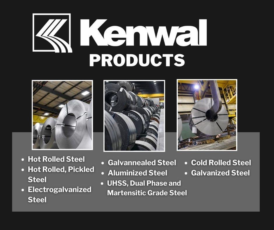 The words “Kenwal Products” are above three separate pictures of steel coils from one of Kenwal’s pristine manufacturing facilities. Below is a bulleted list of the 8 steel products offered by Kenwal.
