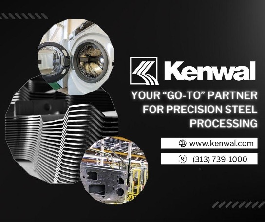 Three images of Kenwal’s steel products are on the left of the words “YOUR “GO-TO” PARTNER FOR PRECISION STEEL PROCESSING” are under the Kenwal logo and above Kenwal’s website URL and company phone number.