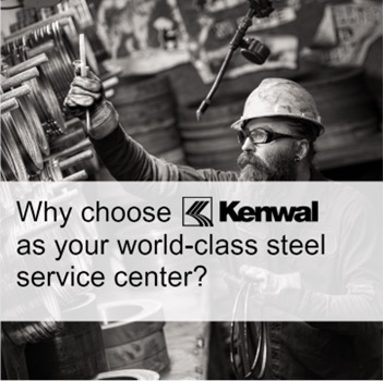 A black and white photo of a steel worker wearing safety glasses and a hard hat inside a steel service center with the title, “Why choose Kenwal as your world-class steel service center?”