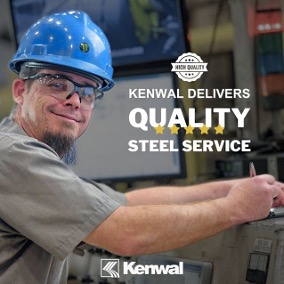 A smiling worker in a blue hard hat and safety glasses standing in a steel service center. The text on the image reads “KENWAL DELIVERS QUALITY STEEL SERVICE” with a five-star quality badge and the Kenwal logo at the bottom.