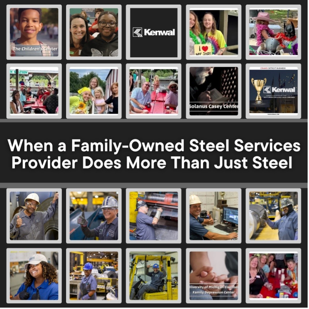 A collage of 19 photos and graphics of Kenwal Steel employees, charities, and awards with the title, “When a Family-Owned Steel Services Provider Does More Than Just Steel” and the Kenwal logo at the top center box.