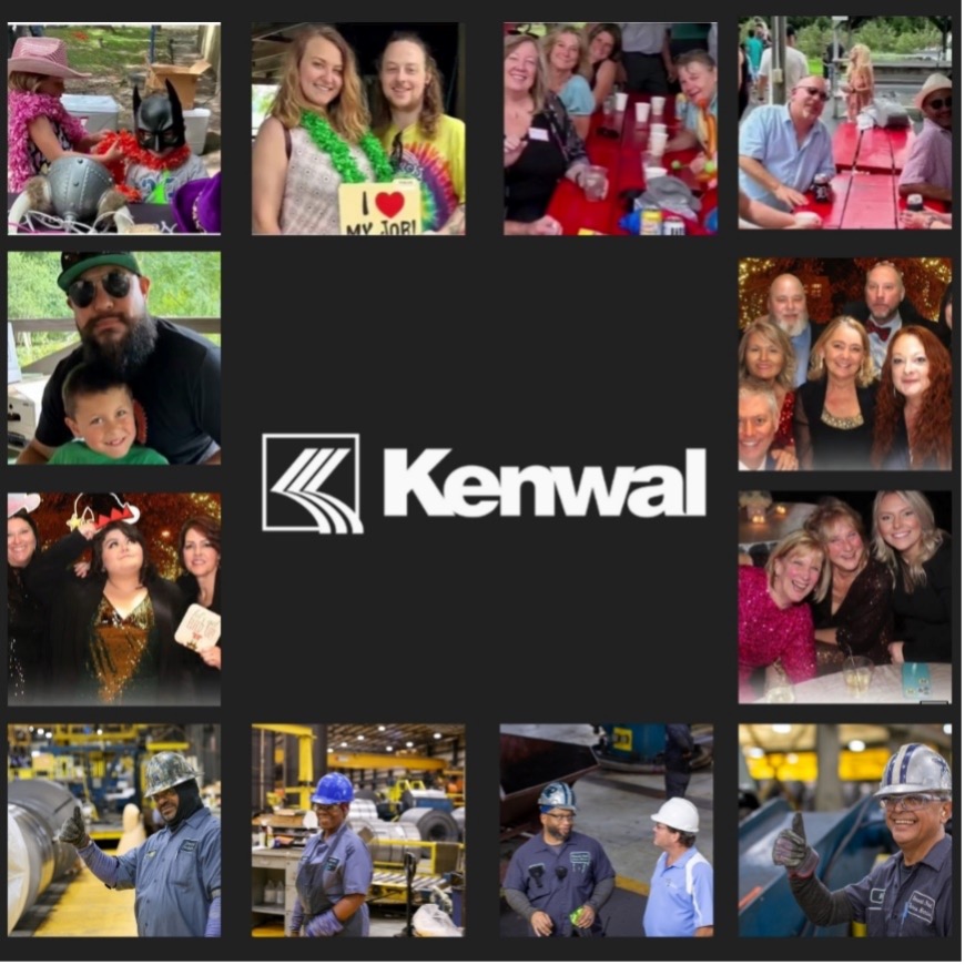 The Kenwal logo surrounded by pictures of employees at holiday parties, at work picnics, and individual employees who are veterans.