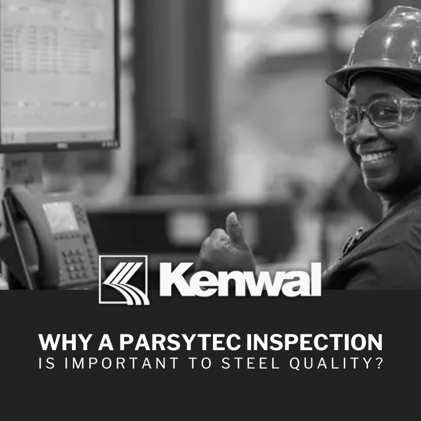 A Kenwal steel worker reviewing monitors for inspecting steel and giving the camera a thumbs up. Kenwal logo in lower center and the blog title, “Why is Parsytec Inspection Important to Steel Industry” below it all in black and white. 