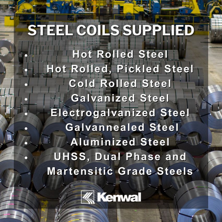 Kenwal_steel coils supplied A manufacturing facility with numerous steel coils stacked in rows is shown. Overlaid text lists various types of high-quality steel for manufacturing, including hot-rolled, cold-rolled, galvanized, and ultra-high-strength steel (UHSS), with the Kenwal logo at the bottom.