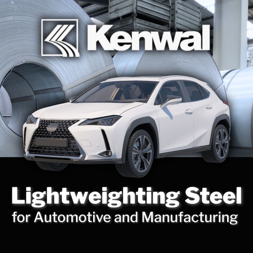 Kenwal_Leightweighting Steel for Automotive Manufacturing A Kenwal Steel logo is accompanied by large rolls of steel in a manufacturing setting, featuring the phrase “Lightweighting Steel for Automotive and Manufacturing". A automotive vehicle overlays in the center.