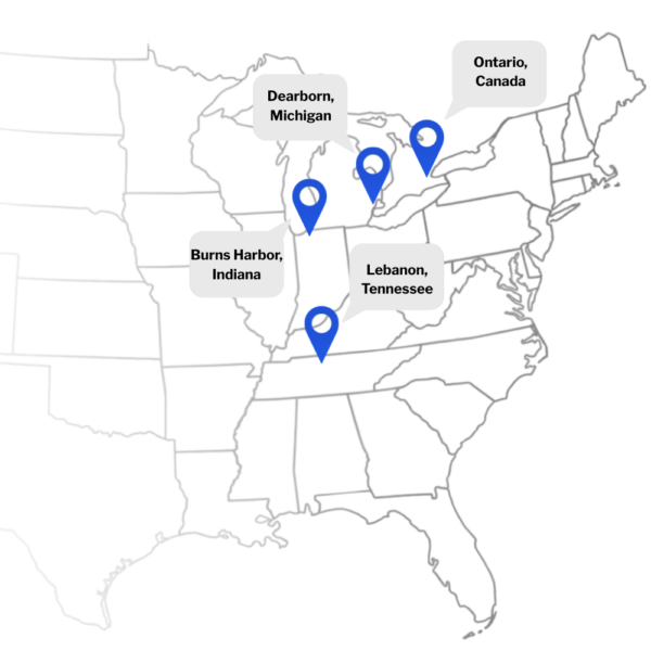 Map of the United States and Canada showing four steel facility locations: Dearborn, Michigan; Burns Harbor, Indiana; Lebanon, Tennessee; and Ontario, Canada.