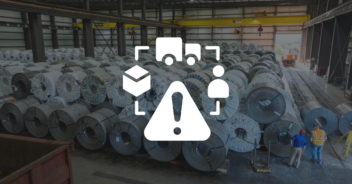 A supply chain risk management flowchart overlaid on an aerial view of steel coil inventory at Kenwal Steel's facility.